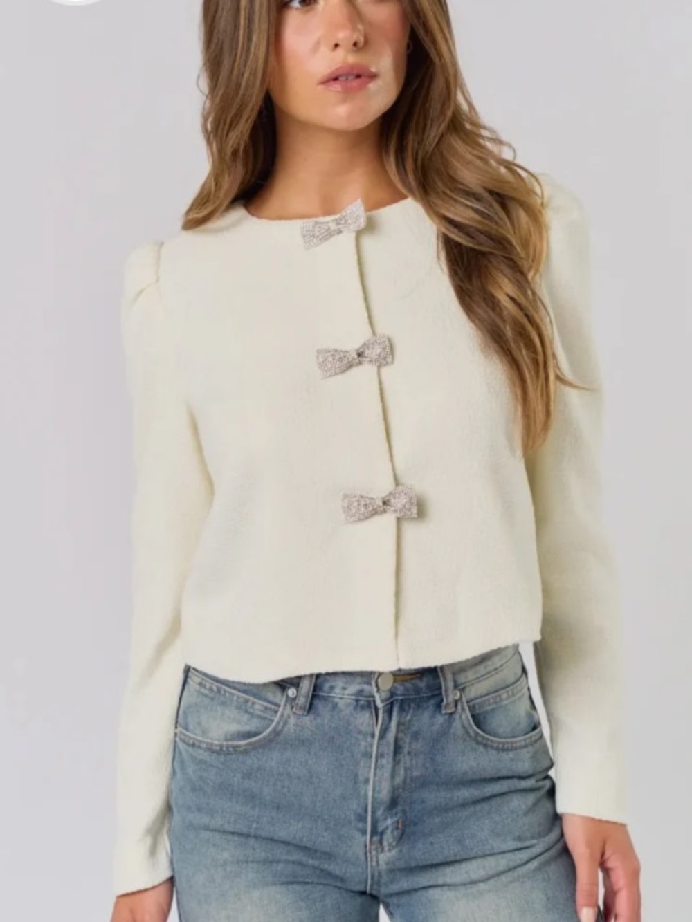 LALAVON Cream Holly Rhinestone Bow Jacket M NWOT